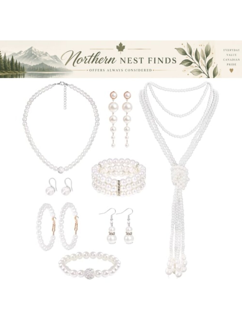 8-Piece Faux Pearl & Rhinestone Jewelry Set Necklaces Earrings Bracelets